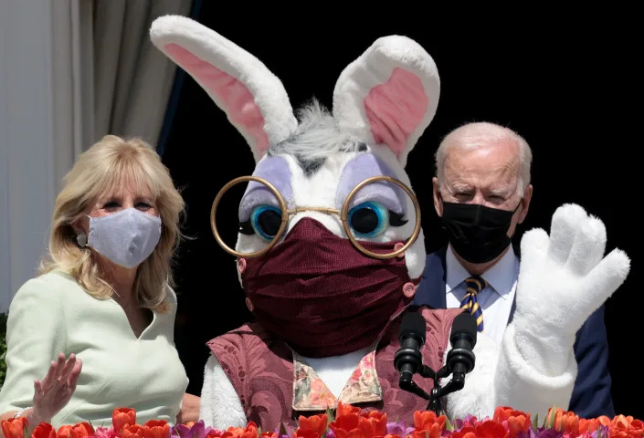 President Biden and first lady Jill Biden with the Easter bunny, all wearing masks, on April 5, 2021. (Win McNamee/Getty Images)