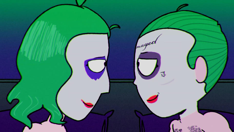 Animated still of Joker the Harlequin (Vera Drew) and Mister J (Kane Distler) looking at each other fondly in bed in The People's Joker