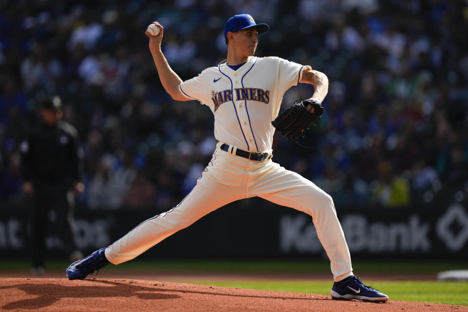 Seattle Mariners starting pitcher George Kirby throws against the Texas Rangers during the first inning of a baseball game, Sunday, Oct. 1, 2023, in Seattle. (AP Photo/Lindsey Wasson)