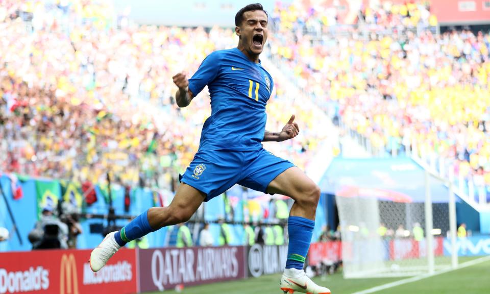 Philippe Coutinho celebrates scoring the opening goal in Brazil’s 2-0 win over Costa Rica in St Petersburg.