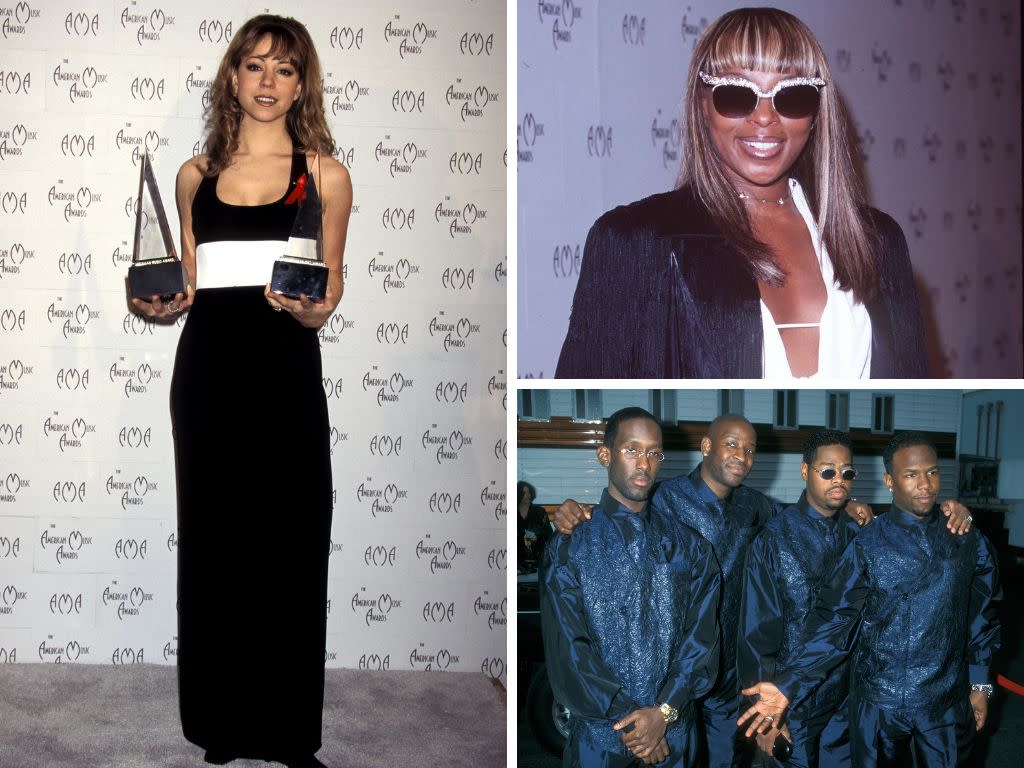 Clockwise from left: Mariah Carey, Mary J. Blige and Boyz II Men at the 1998 American Music Awards.&nbsp; (Photo: Getty)