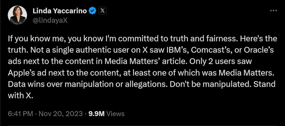 If you know me, you know I'm committed to truth and fairness. Here's the truth. Not a single authentic user on X saw IBM’s, Comcast’s, or Oracle’s ads next to the content in Media Matters’ article. Only 2 users saw Apple’s ad next to the content, at least one of which was Media Matters. Data wins over manipulation or allegations. Don't be manipulated. Stand with X.