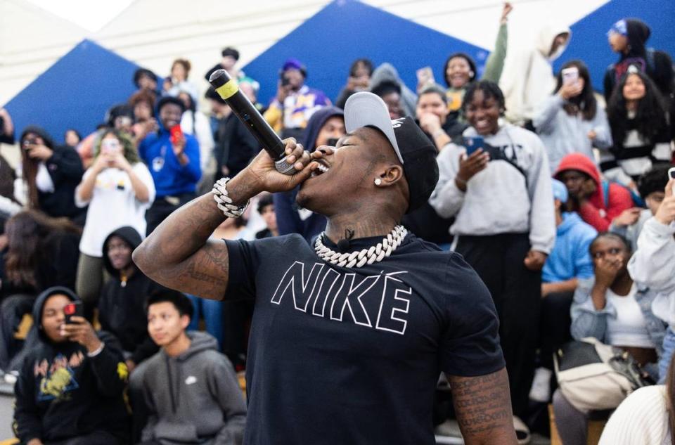 Rapper DaBaby performs a surprise concert at Garinger High School in Charlotte, N.C., on Monday, April 22, 2024.