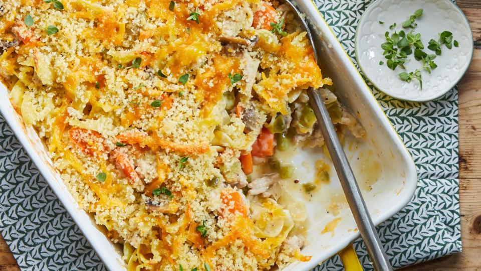 ground chicken noodle casserole in a white rectangle baking dish