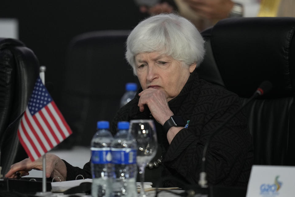 U.S. Secretary of the Treasury Janet L. Yellen attends the G20 Finance Ministers and Central Bank Governors meetings in Sao Paulo, Brazil, Thursday, Feb. 29, 2024. (AP Photo/Andre Penner)