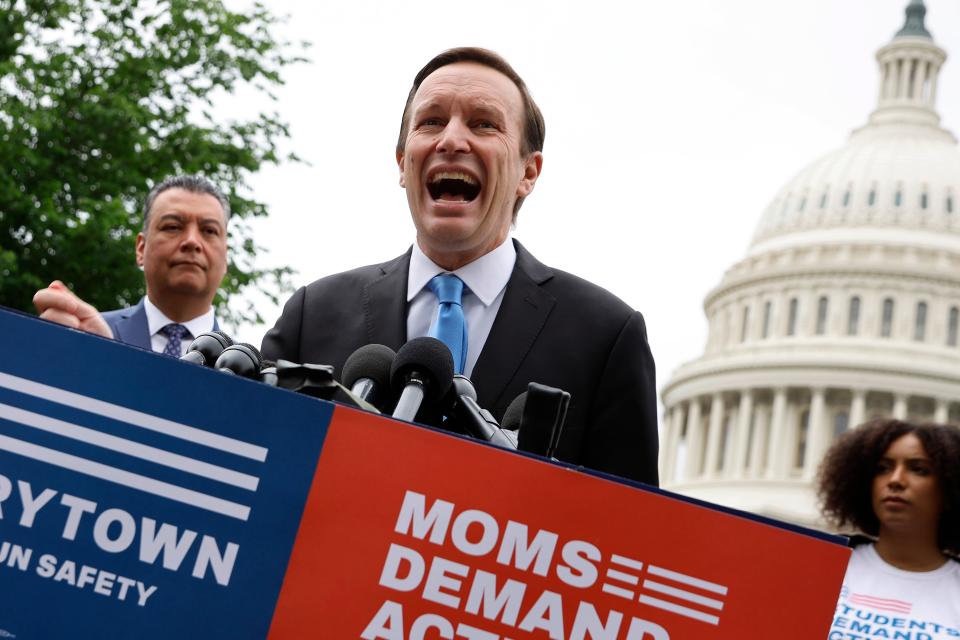 Sen. Chris Murphy, D-Conn., has been fighting for gun control reform since a mass shooting in Newtown, Connecticut, in 2012. His efforts were renewed after a mass shooting last month at a Uvalde, Texas, elementary school. He is shown in this May 26 file photo during a gun safety rally outside the U.S. Capitol.