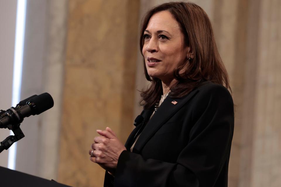 Vice President Kamala Harris delivers remarks at the 2021 Freedman’s Bank Forum event at the U.S. Treasury Department on December 14, 2021 in Washington, DC.