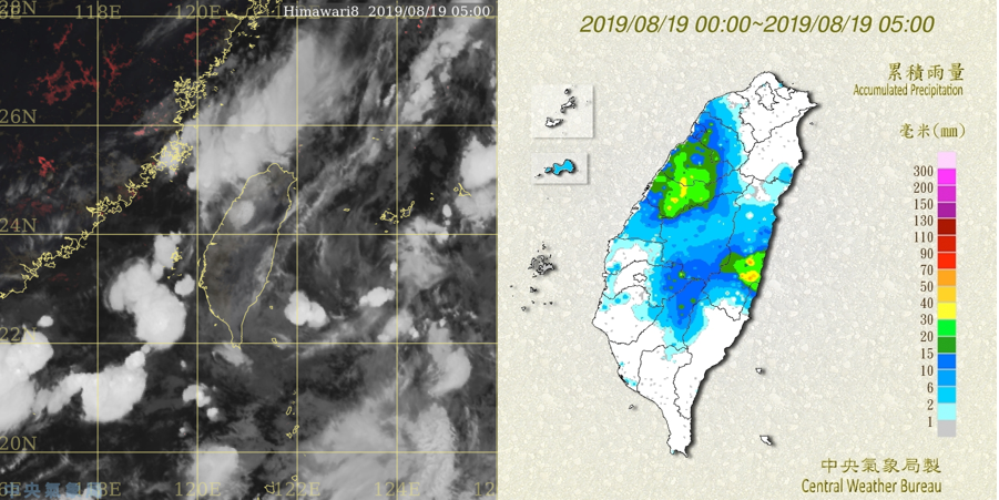 今(19日)晨5時真實色衛星雲圖顯示，在「季風低壓」環流影響下，台灣附近有很多對流雲(左圖)。截至5時，從竹苗至中部山區一帶有降雨，中央山脈東側的花蓮也有明顯降雨(右圖)。（截取自「三立準氣象·老大洩天機」專欄，來源中央氣象局）