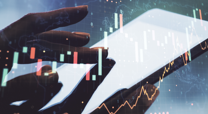 Abstract creative financial graph with world map and with finger clicks on a digital tablet on background, forex and investment concept