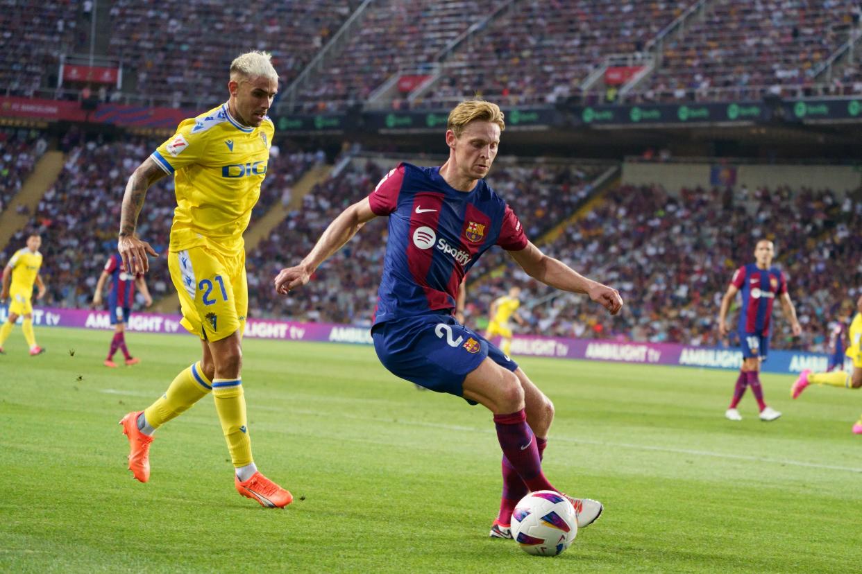 Frenkie de Jong of Barcelona (right) in action against Villarreal in last season's LaLiga. (PHOTO: LaLiga)