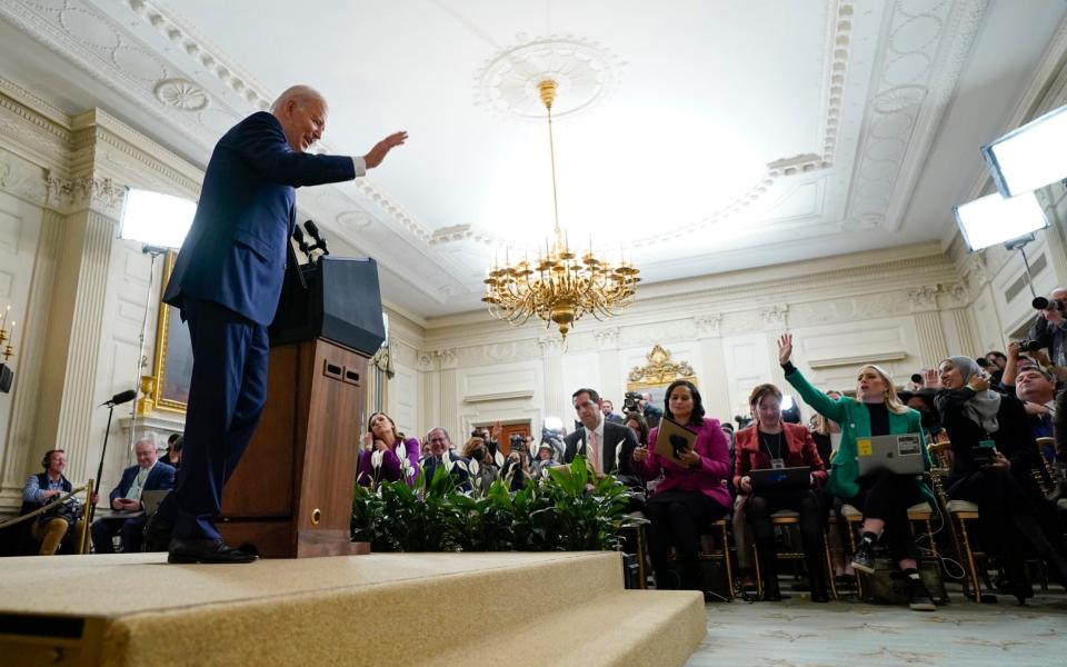 President Joe Biden gestures as he leaves the podium - AP Photo/Susan Walsh