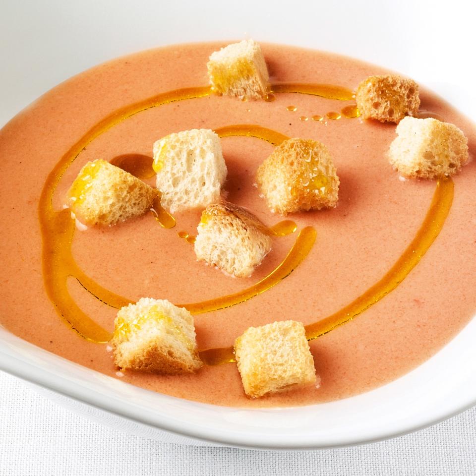 Mayonnaise is an unusual ingredient in gazpacho, but we like the creaminess it adds to the soup. <a href="https://www.epicurious.com/recipes/food/views/gazpacho-367950?mbid=synd_yahoo_rss" rel="nofollow noopener" target="_blank" data-ylk="slk:See recipe.;elm:context_link;itc:0;sec:content-canvas" class="link ">See recipe.</a>