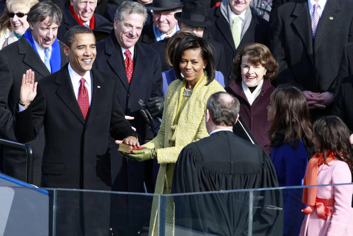 <p>Barack H. Obama is sworn in by Chief Justice John Roberts as the 44th U.S. president at the Capitol Jan. 20, 2009, in Washington. President Obama’s wife, Michelle, holds the Bible. (Photo/Mark Wilson/AP) </p>