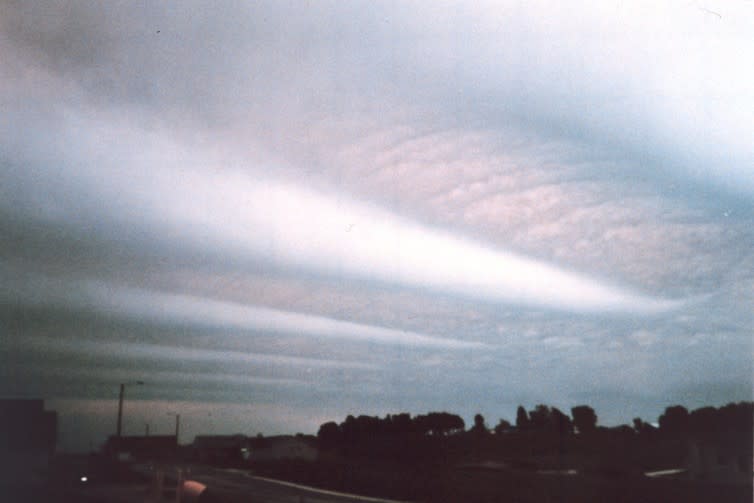 <span class="caption">Clouds caused by gravity waves within meteorological disturbance.</span> <span class="attribution"><span class="source">Glen Talbot</span></span>