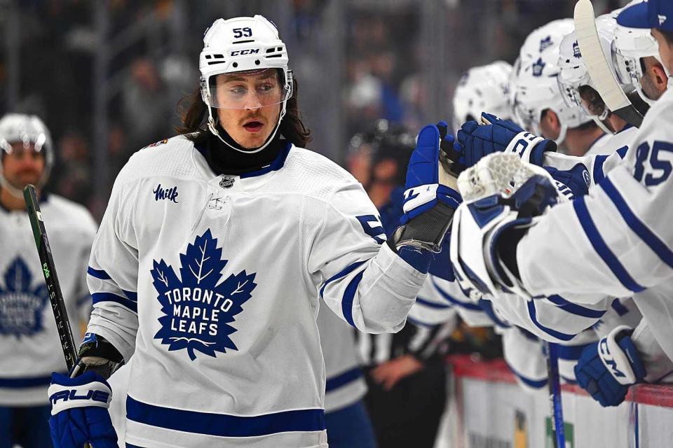 <p>Justin Berl/Getty Images</p> Tyler Bertuzzi #59 of the Toronto Maple Leafs celebrates with teammates on the bench