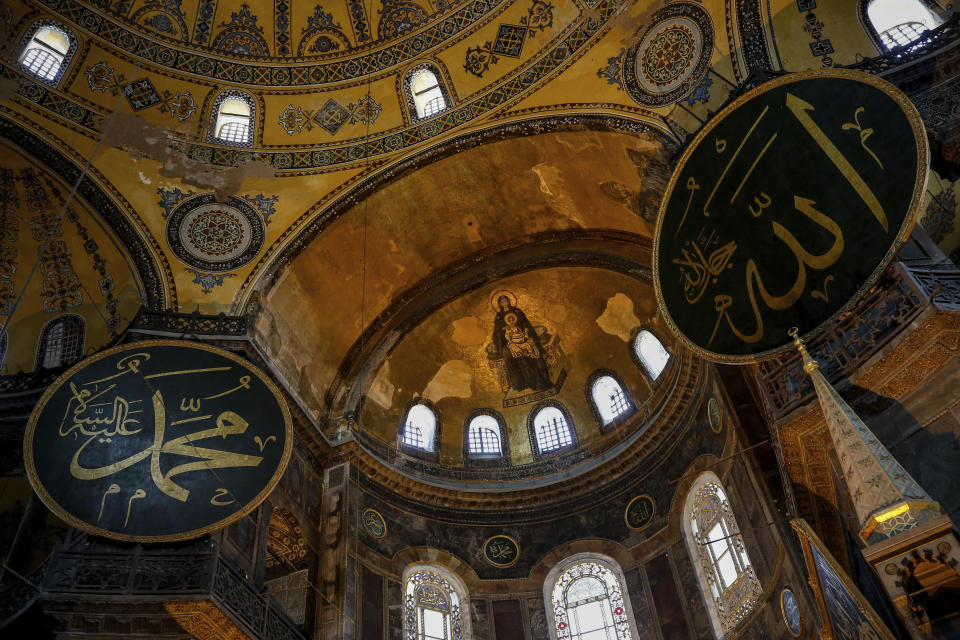 A view of the Byzantine-era Hagia Sophia, one of Istanbul's main tourist attractions in the historic Sultanahmet district of Istanbul, Thursday, June 25, 2020. The 6th-century building is now at the center of a heated debate between conservative groups who want it to be reconverted into a mosque and those who believe the World Heritage site should remain a museum. (AP Photo/Emrah Gurel)