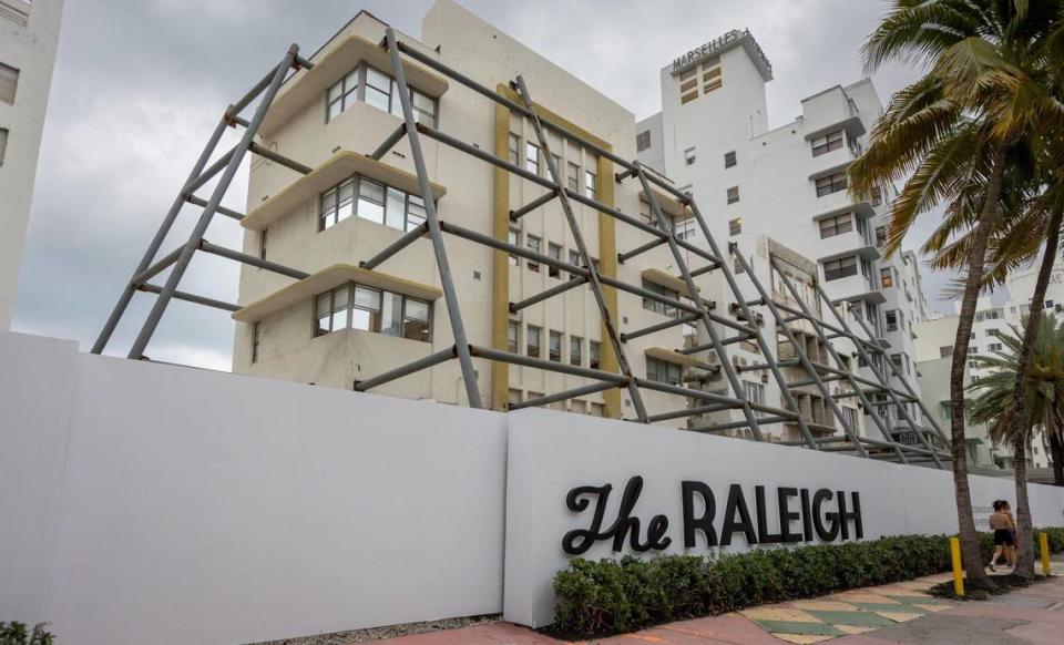 The gutted facades of the South Seas and Richmond hotels on South Beach stand supported by steel braces. The two historic Art Deco buildings will house new hotel rooms and a restaurant as part of an ambitious renovation and expansion by developer Michael Shvo.