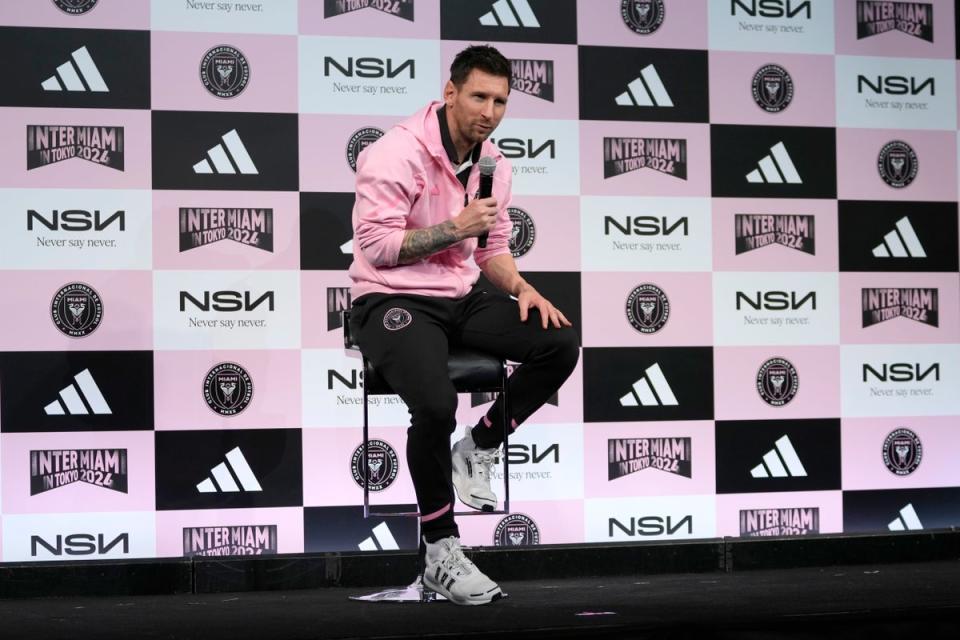 File: Inter Miami's Lionel Messi speaks during a press conference at a hotel, ahead of his team's friendly soccer match (Copyright 2024 The Associated Press. All rights reserved.)