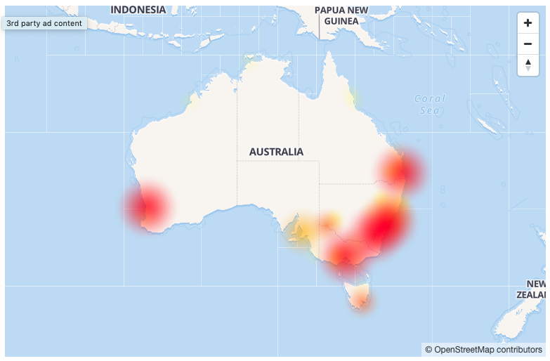 Down Detector shared a heat map of the reported outages across the country. Image: Down Detector