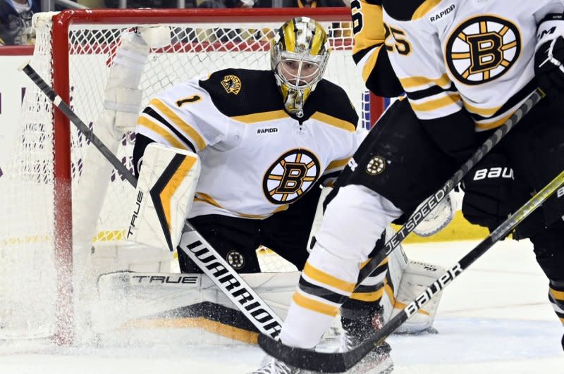 Boston Bruins goaltender Jeremy Swayman logged 38 saves in a loss to the Florida Panthers on Sunday in Boston. File Photo by Archie Carpenter/UPI