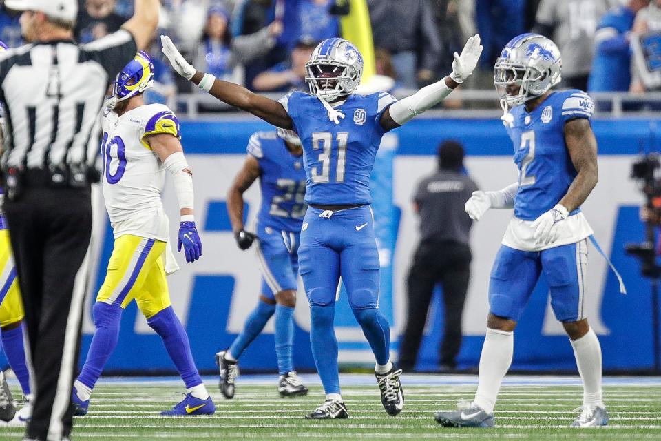 Detroit Lions safety Kerby Joseph (31) celebrates a play against the L.A. Rams during the second half of the NFL wild-card playoff game at Ford Field in Detroit on Sunday, Jan, 14, 2024.
