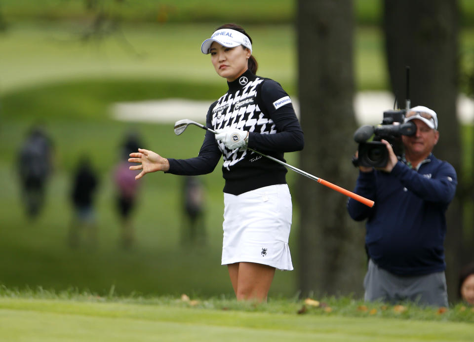 So Yeon Ryu, of South Korea, reacts after missing a putt at the fifth hole during the third round of the Cognizant Founders Cup golf tournament Saturday, Oct. 9, 2021, in West Caldwell, N.J. (AP Photo/Noah K. Murray)