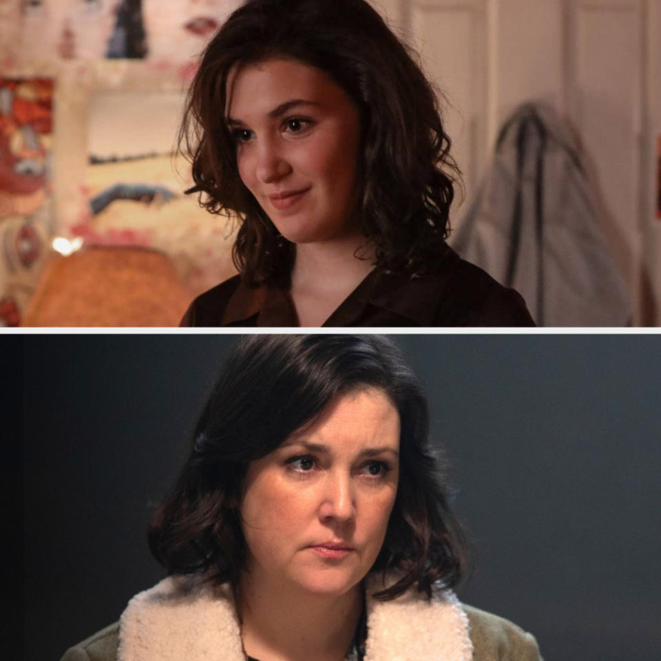 Top: Sophie Nélisse as Jackie from "Yellowjackets" in a cozy room. Bottom: Melanie Lynskey as adult Shauna from "Yellowjackets" in a serious scene