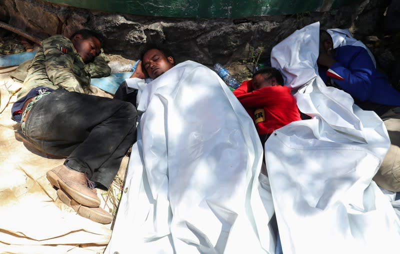 Oromo youth rest during a protest in-front of Jawar Mohammed's house, an Oromo activist and leader of the Oromo protest in Addis Ababa