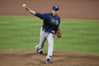 Tampa Bay Rays starting pitcher Charlie Morton delivers a pitch during the first inning of a baseball game against the Baltimore Orioles, Saturday, Sept. 19, 2020, in Baltimore. (AP Photo/Nick Wass)