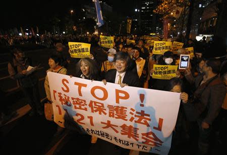 Protesters shout slogans during a march against the government's planned secrecy law, in Tokyo November 21, 2013. REUTERS/Issei Kato