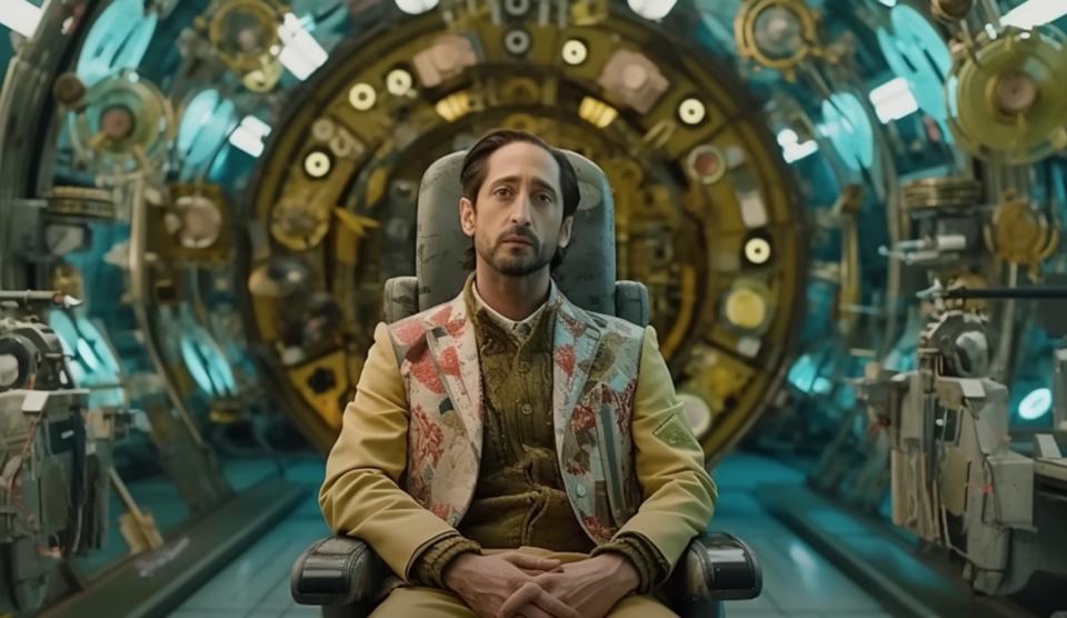 Adrien Brody sitting in a chair in a strange futuristic chamber, portraying Jake Sully in a new 