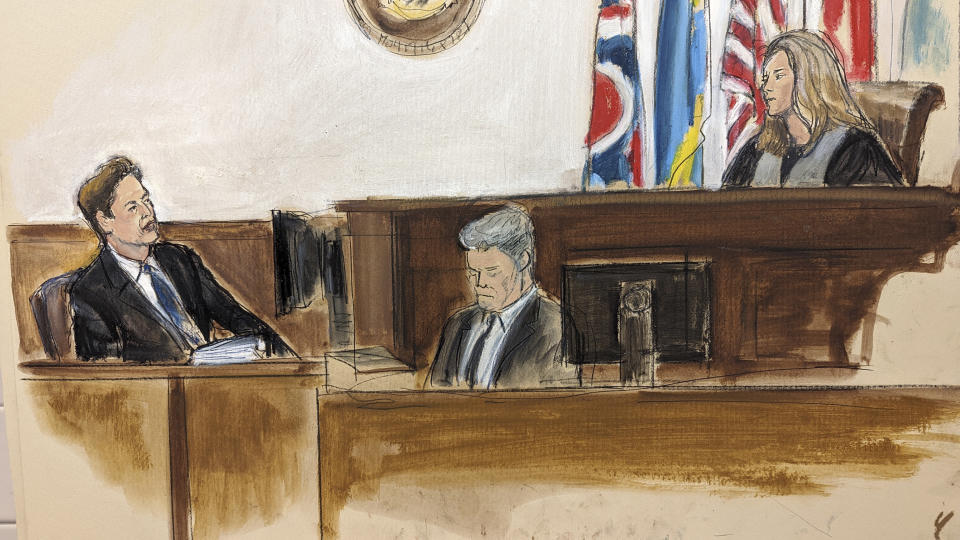 In this courtroom sketch, Tesla CEO Elon Musk (left) testifies before Chancellor Kathaleen McCormick (seated right) in a courtroom in Wilmington, Del., on Wednesday, Nov. 16, 2022. Musk is defending himself in a shareholder lawsuit challenging a compensation package.  it was awarded by the company's board of directors and is potentially worth more than $55 billion.  A stenographer sits in the middle.  (Elizabeth Williams via AP)