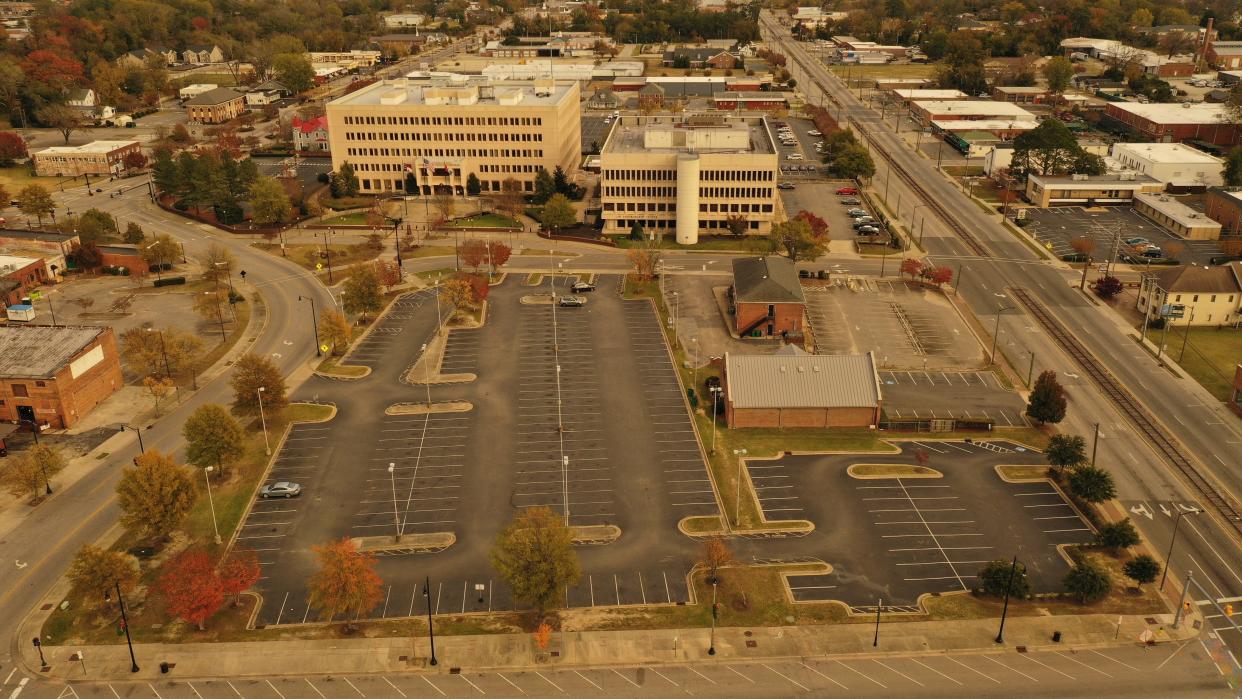 A multipurpose events center, funded by Cumberland County, is tapped to be built in this area of downtown Fayetteville, NC. The Cumberland County Courthouse, near top of photo, is just east of the site.