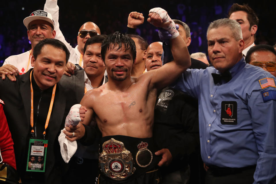 Manny Pacquiao’s win over Adrien Broner on Saturday at the MGM Grand Garden in Las Vegas sold 400,000 on pay-per-view, industry sources told Yahoo Sports. (Getty Images)