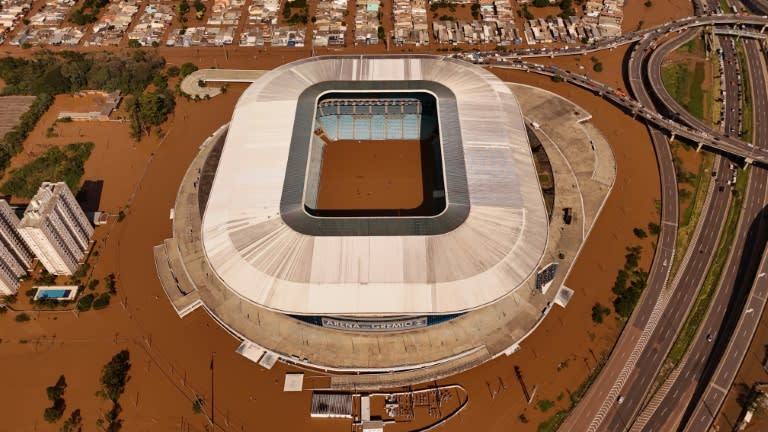 Aerial view of the flooded Arena do Gremio Stadium, of Brazilian football team Gremio, in Porto Alegre on May 7, 2024 (CARLOS FABAL)