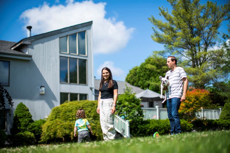 Stephanie Ellis, enjoys a sunny day with her son Nolan and her husband Paul at her home in Marlboro, New Jersey,