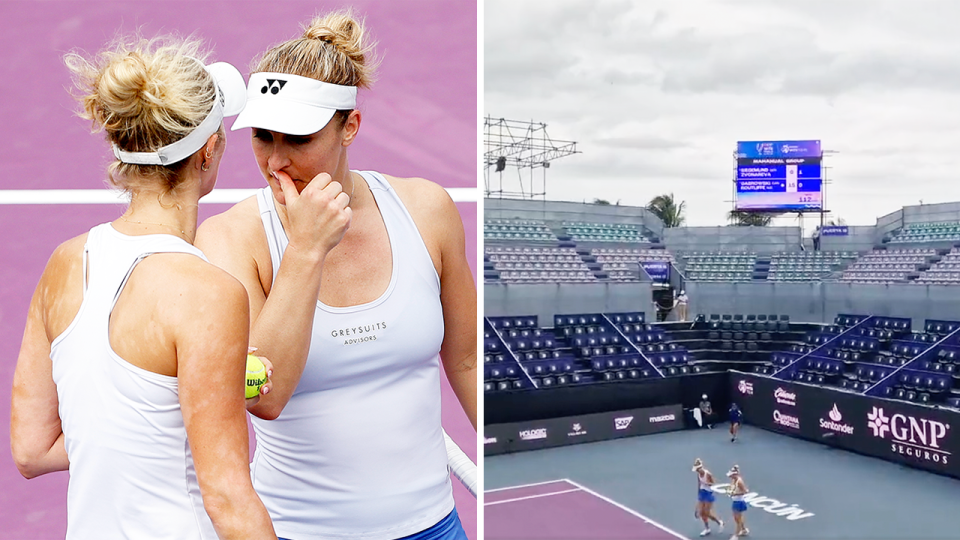 Erin Routliffe of New Zealand and Gabriela Dabrowski speak and an empty stadium.