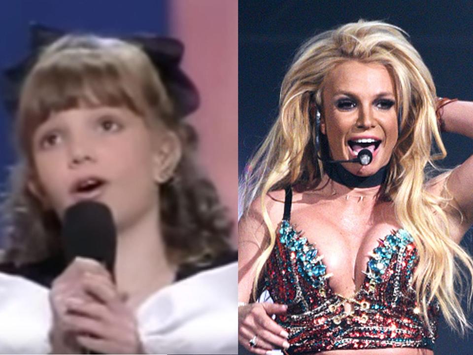 An 11-year-old Britney Spears on "Star Search" in 1984, and Spears performing in 2018.