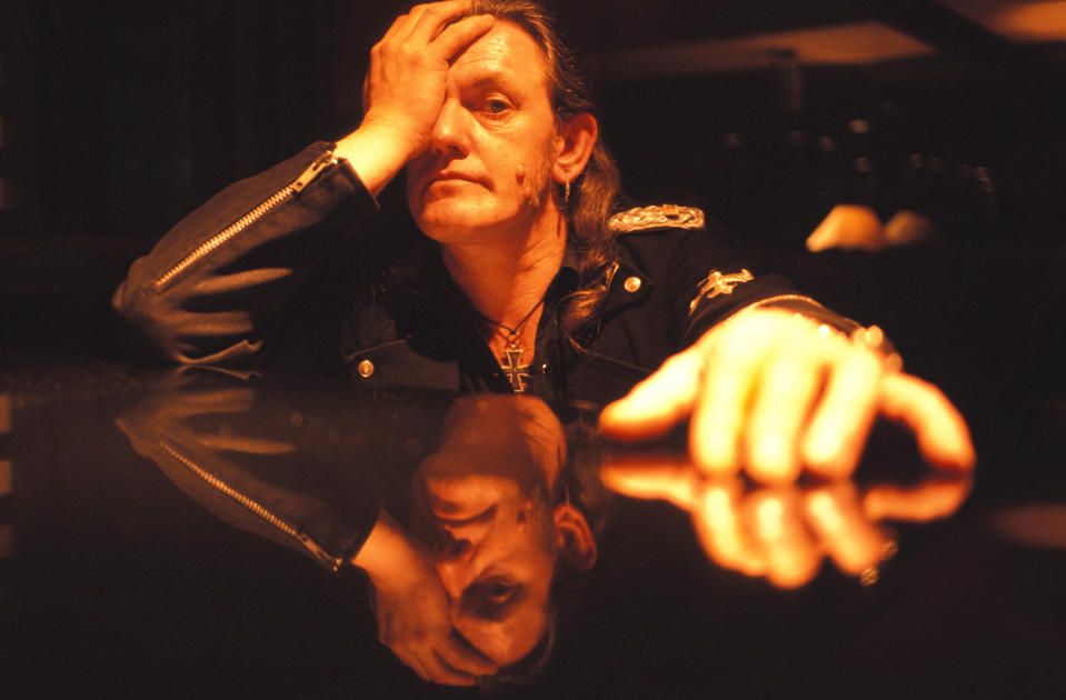 Lemmy of Motorhead sat at the bar in a hotel, 1990