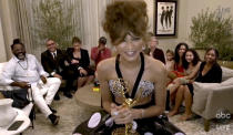 In this video grab captured on Sept. 20, 2020, courtesy of the Academy of Television Arts & Sciences and ABC Entertainment, Zendaya accepts the award for outstanding lead actress in a drama series for "Euphoria" during the 72nd Emmy Awards broadcast. (The Television Academy and ABC Entertainment via AP)