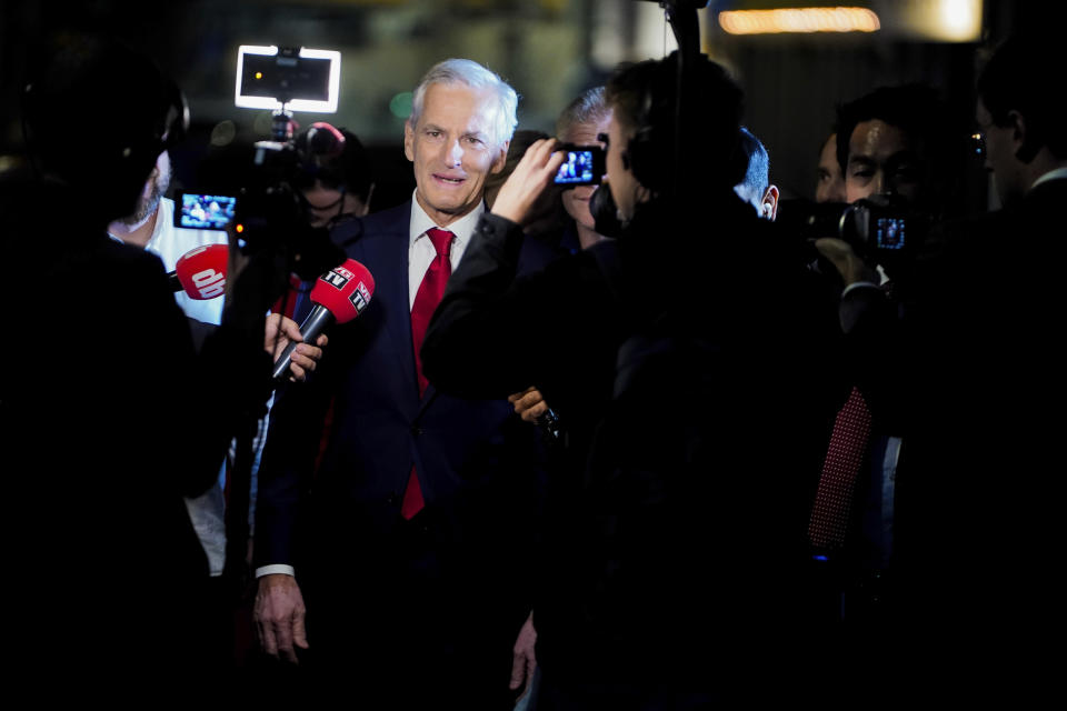 Norway's Prime Minister and Party leader Jonas Gahr Store arrives at the Labor Party's election vigil at People's House during the municipal election 2023, in Oslo, Monday, Sept. 11, 2023. (Terje Pedersen/NTB Scanpix via AP)