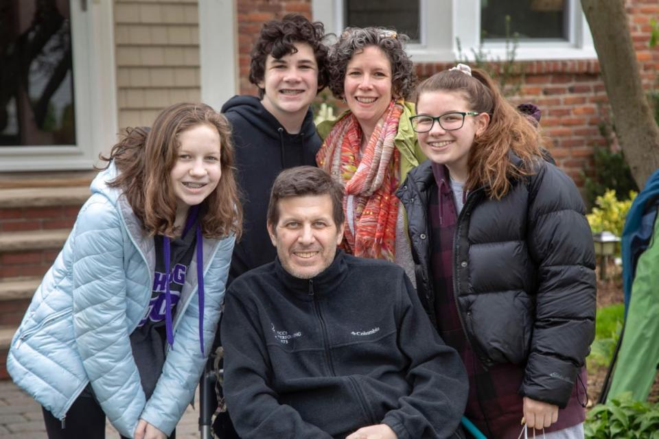 <div class="inline-image__caption"><p>Pictured (from left to right): Iris, Isaac, Pixie, Evelyn, and Edward Pierce (seated), following Ed’s release from the hospital after battling COVID-19.</p></div> <div class="inline-image__credit">Courtesy Jeff Rhodes, Holy Name Medical Center Staff Photographer</div>