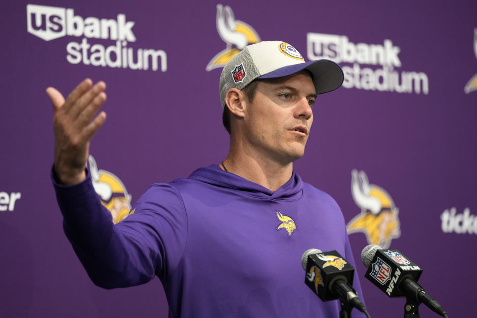 Minnesota Vikings head coach Kevin O'Connell responds to questions during a post-game news conference following their preseason NFL football game against the Tennessee Titans, Saturday, Aug. 19, 2023, in Minneapolis. (AP Photo/Charlie Neibergall)