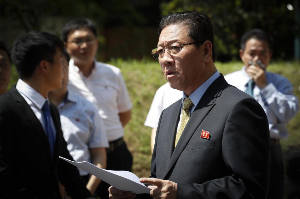 North Korea's Ambassador to Malaysia Kang Chol speaks to the media outside the North Korean Embassy in Kuala Lumpur, Malaysia, Monday, Feb. 20, 2017. Security camera footage obtained by Japanese television appears to show a careful and deliberate attack last week on the exiled half brother of North Korea's ruler, while Malaysia said Monday it had recalled its ambassador to North Korea amid rising tensions between the nations. (AP Photo/Vincent Thian)