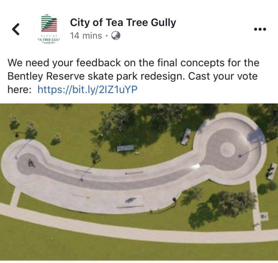 Social media users couldn't help but point out the skate park's resemblance to the male anatomy. Source: Faebook/ city of Tea Tree Gully