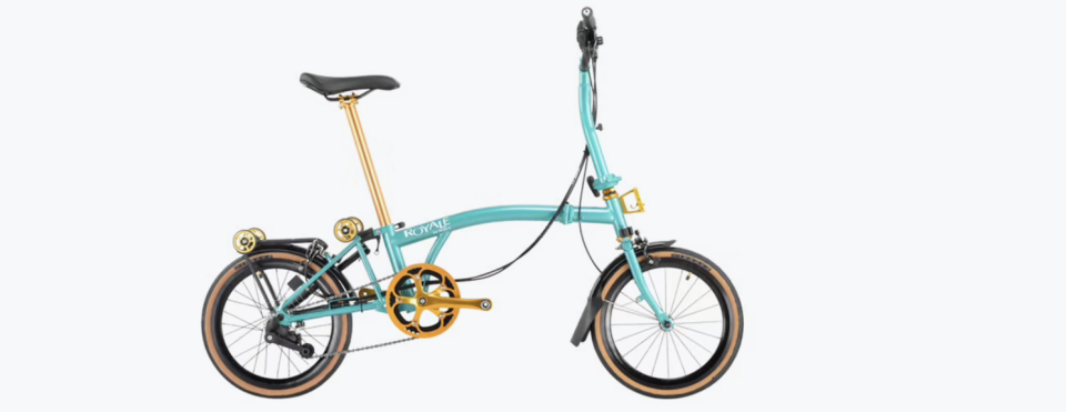 Mobot Foldable Bicycle (Tri-Fold) ROYALE GT M9 Gold Edition comes in turquoise with gold bars.