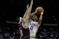 LSU guard Brandon Murray (0) shoots against Texas A&M guard Aaron Cash (0) during the second half of an NCAA college basketball game against Texas A&M in Baton Rouge, La., Wednesday, Jan. 26, 2022. (AP Photo/Matthew Hinton)