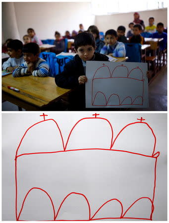 A combination picture shows Syrian refugee Ali Ristmo, 7, as he shows his drawing depicting a mosque during a lesson in Yayladagi refugee camp in Hatay province near the Turkish-Syrian border, Turkey, December 16, 2015 (top) and his drawing (bottom). REUTERS/Umit Bektas