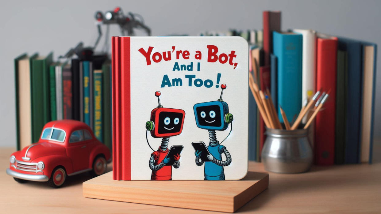  Photo illustration of a children's book titled "You're a bot and I am too." . 