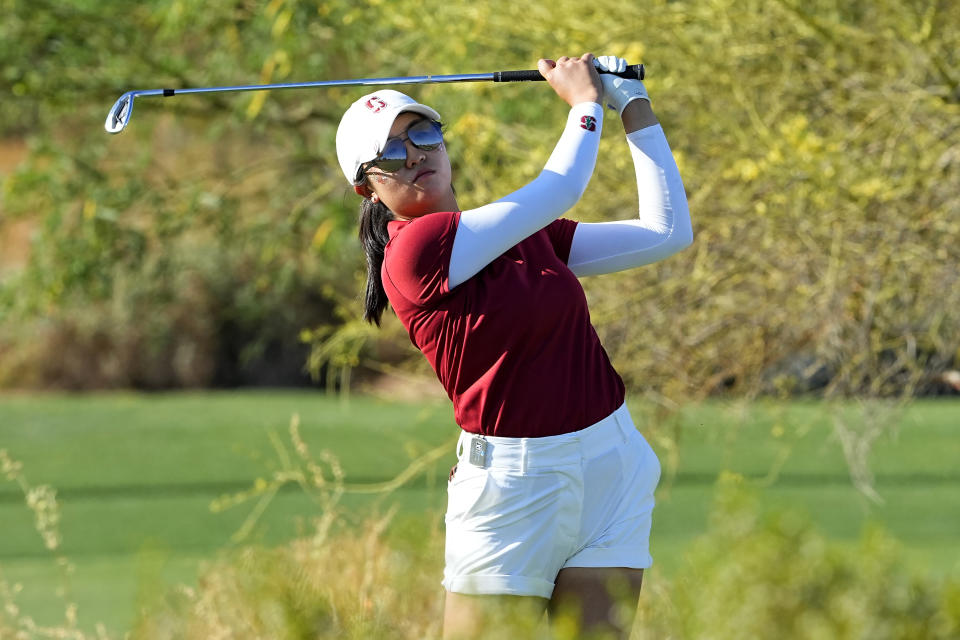 Stanford golfer Rose Zhang hits from the 16th tee during the final round of the NCAA college women's golf championship at Grayhawk Golf Club, Monday, May 22, 2023, in Scottsdale, Ariz. (AP Photo/Matt York)